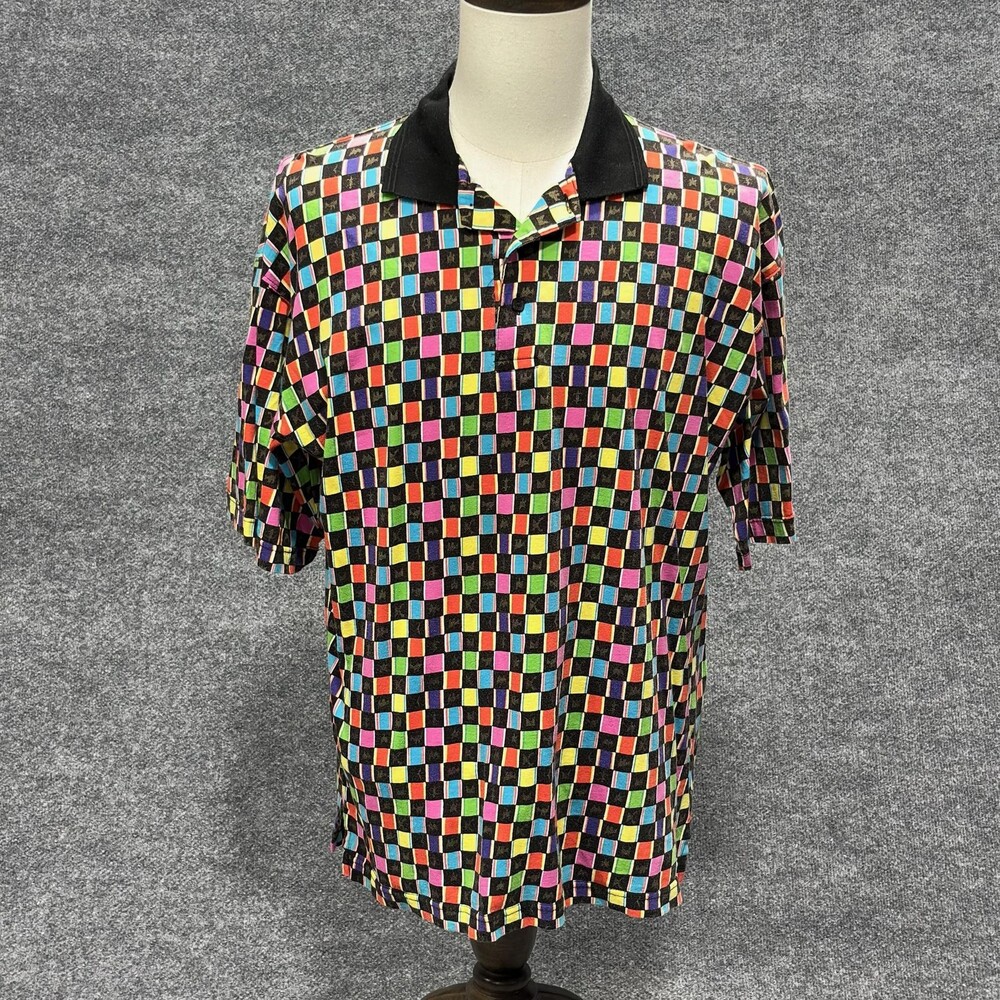 Bijou Polo Shirt Mens Medium Black Multicolor Check Graphic Knit All Over Casual